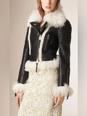Burberry Prorsum Black Leather Shearling-Trim Biker Jacket